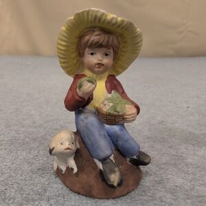 Frankel Boy with Dog‎ and Basket Bell Figurine Vintage Ceramic Made in Taiwan